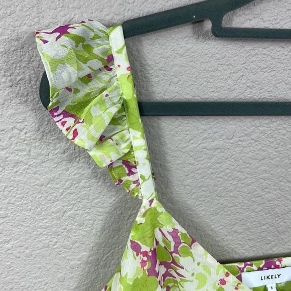 New Likely Gavina Mini Dress In Green Floral Flutter Strap Cut Out Back Sz 8 - Picture 7 of 15